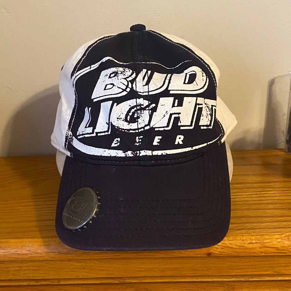 Bud Light Beer Hat Black and White with Bottle Opener on Bill